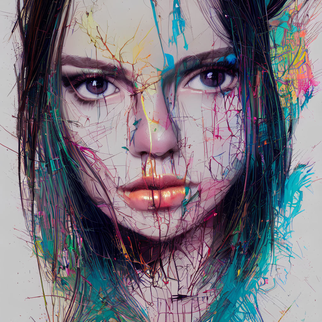 Multicolored Paint Splashes on Woman's Face Artwork