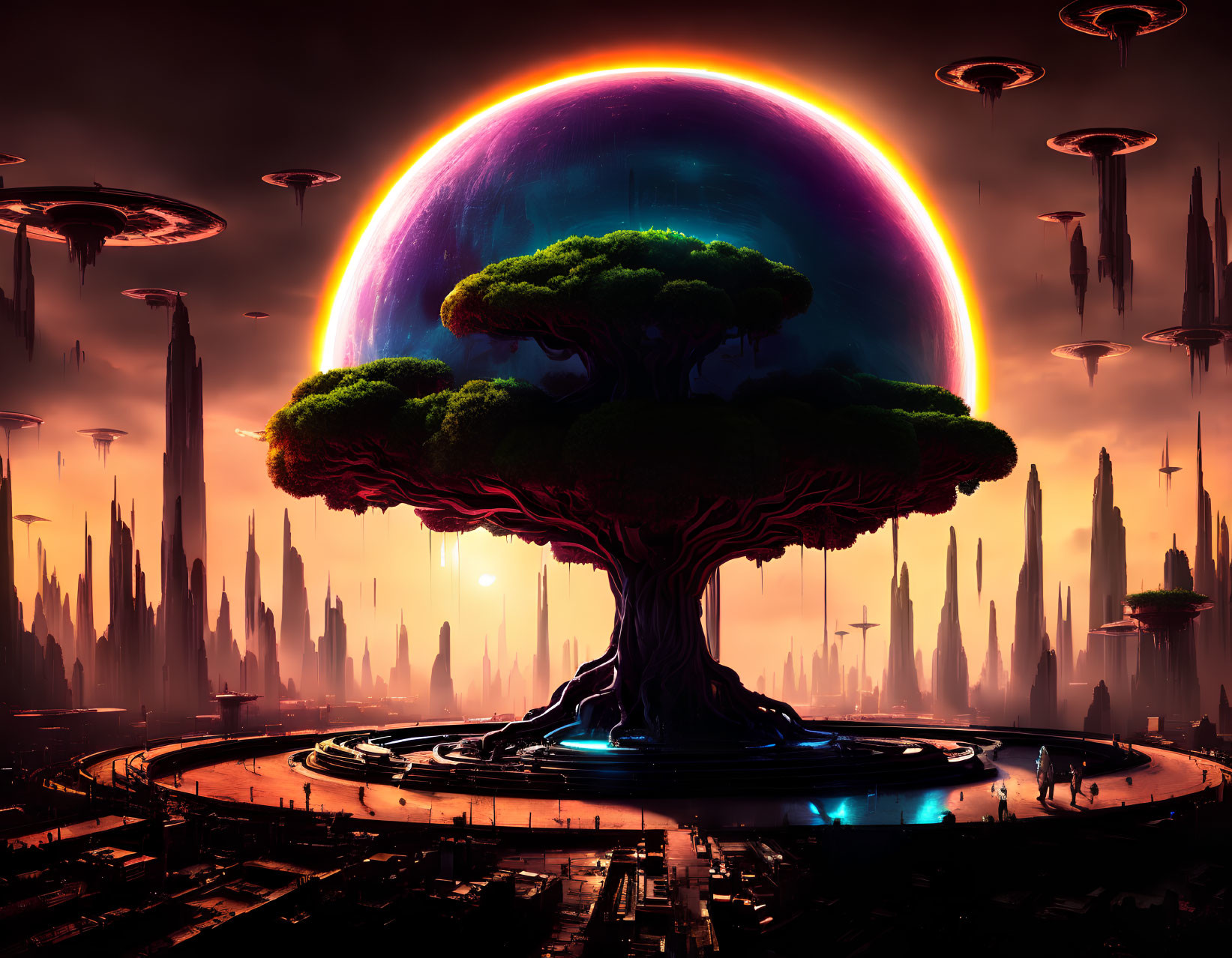 Futuristic cityscape with towering spires, rainbow dome, and flying crafts