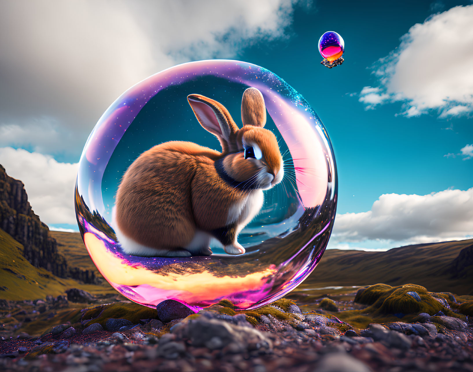 Brown rabbit in cosmic bubble on rocky terrain with floating bubble in sky