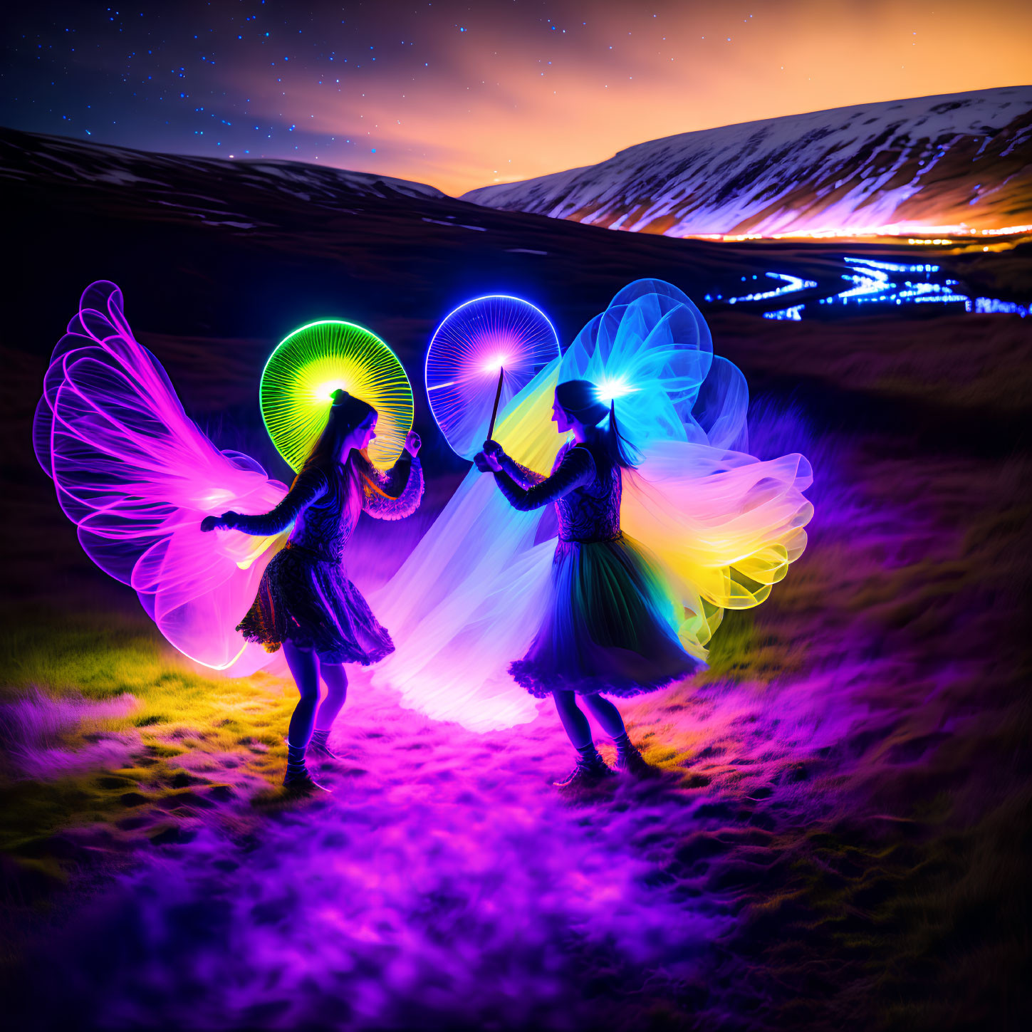 Colorful illuminated wings: Two people with light sticks in picturesque field