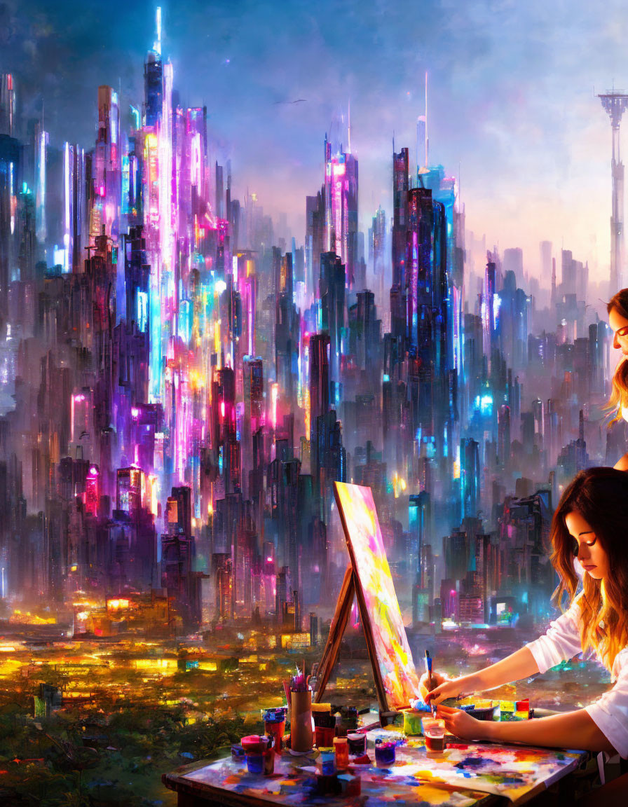 Woman painting on canvas in futuristic cityscape.