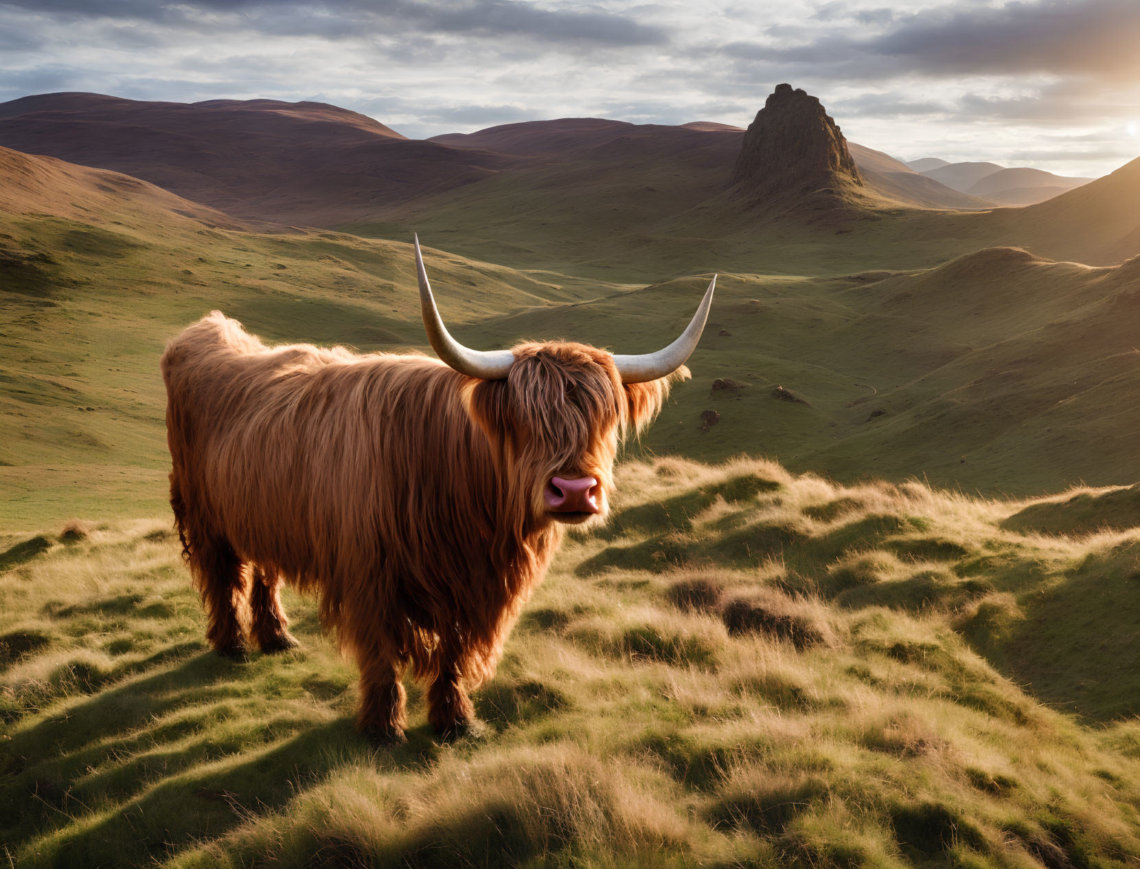 Highland cow on grassy hill with mountain backdrop