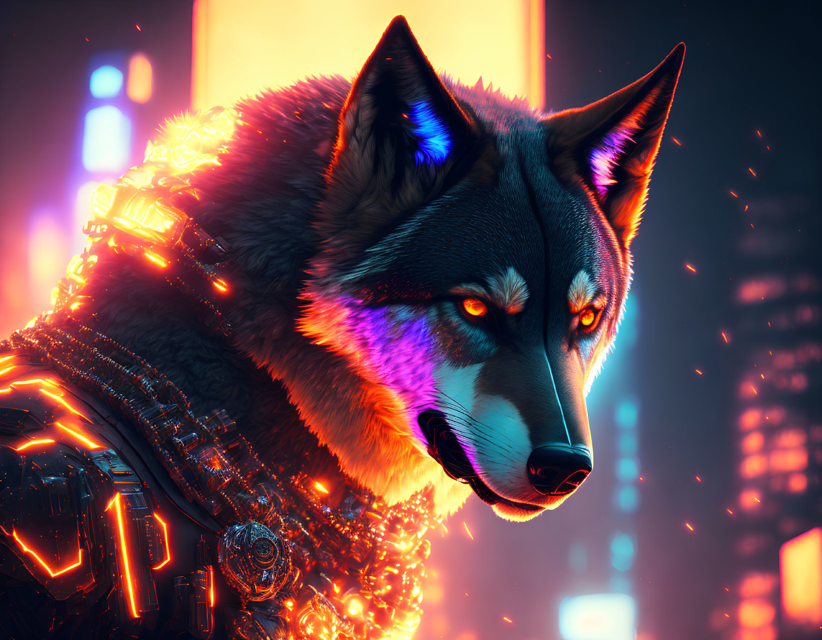 Glowing-eyed cybernetic wolf in futuristic city backdrop