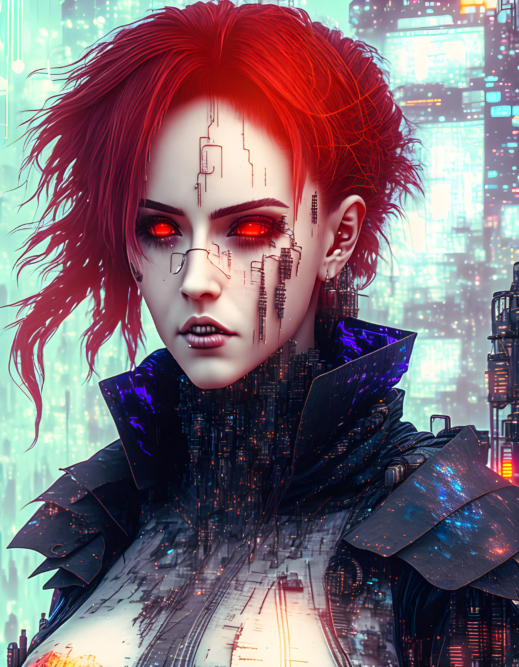 Futuristic female figure with red hair and cybernetic enhancements in neon-lit cityscape