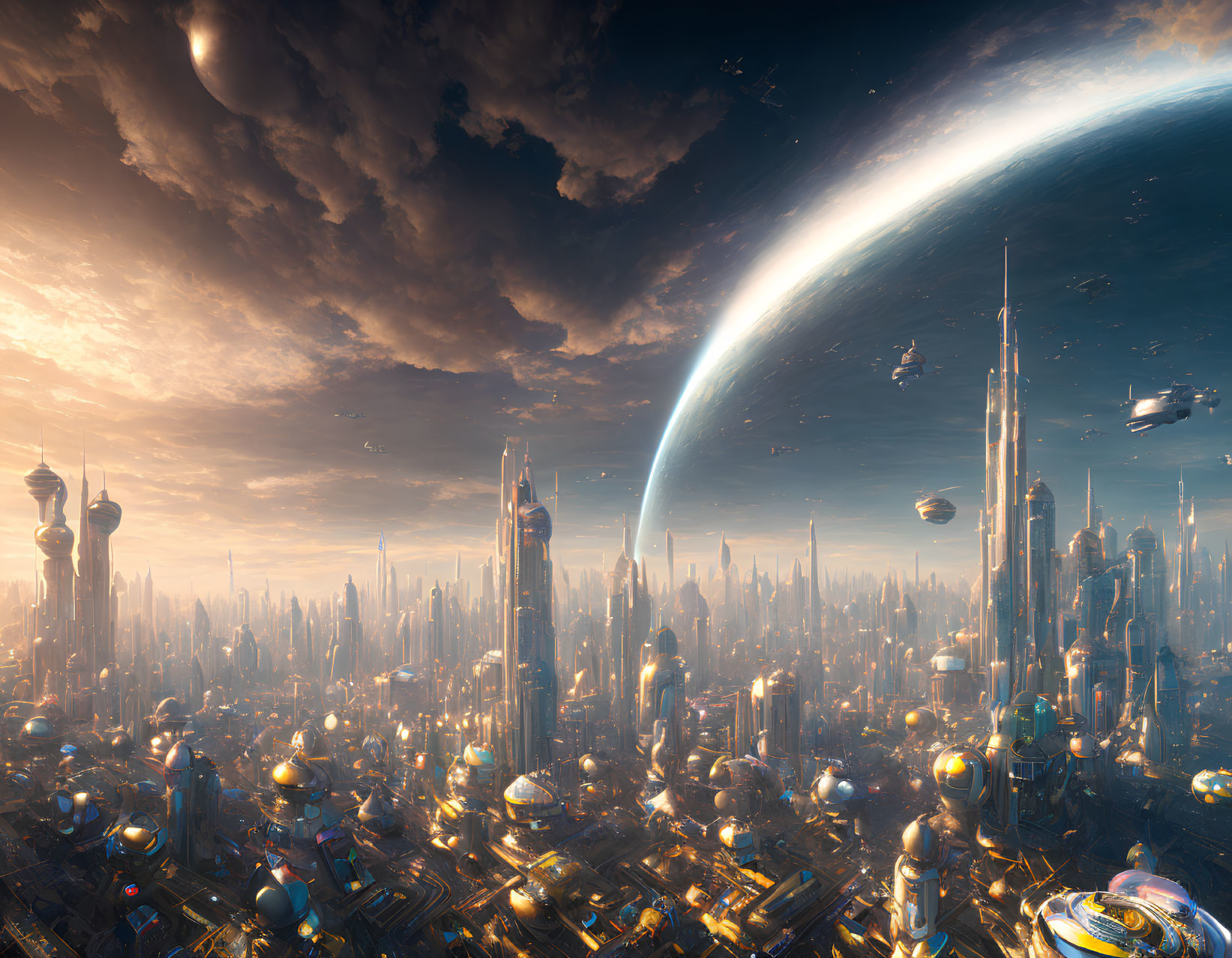 Futuristic cityscape with skyscrapers, airships, and ringed planet at sunset