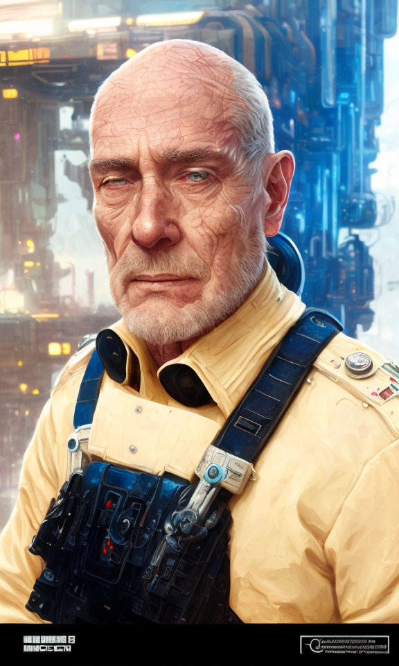 Bald Elderly Male in Futuristic Uniform with Intense Gaze