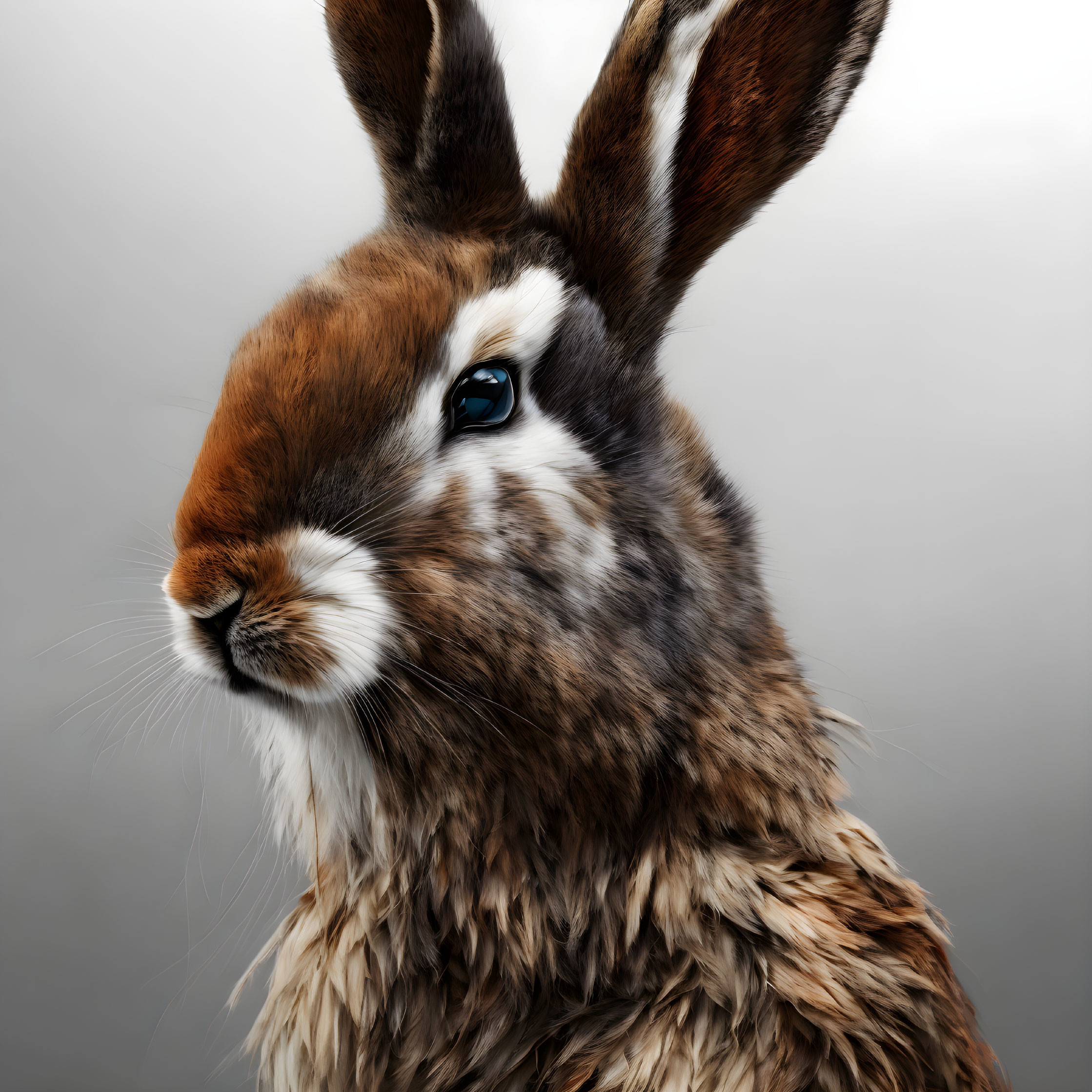 Brown rabbit with soft fur and alert ears on grey background