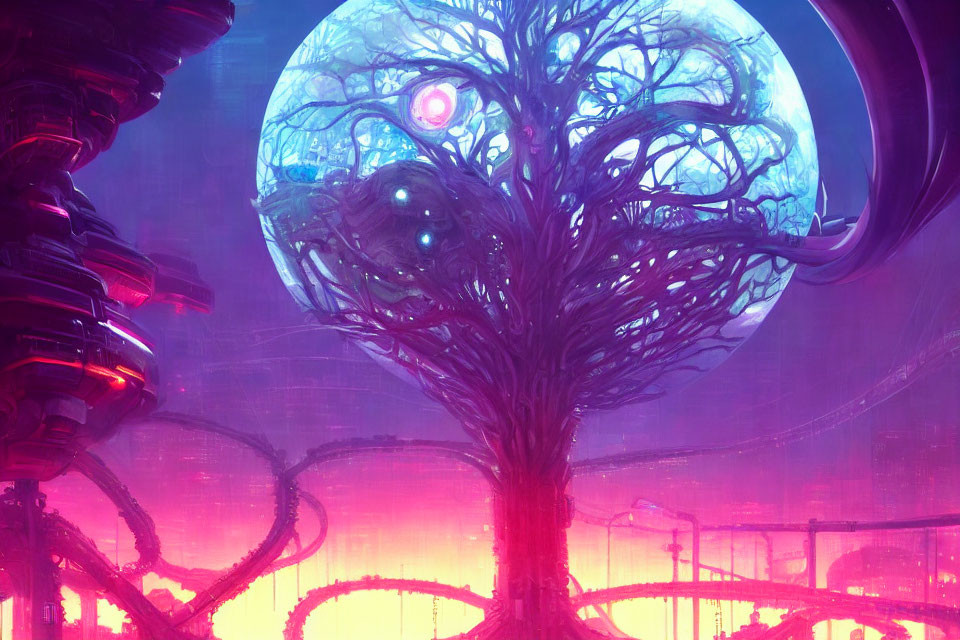 Detailed Sci-Fi Landscape with Intricate Tree, Massive Moon, Futuristic Structures, and Pinkish-P