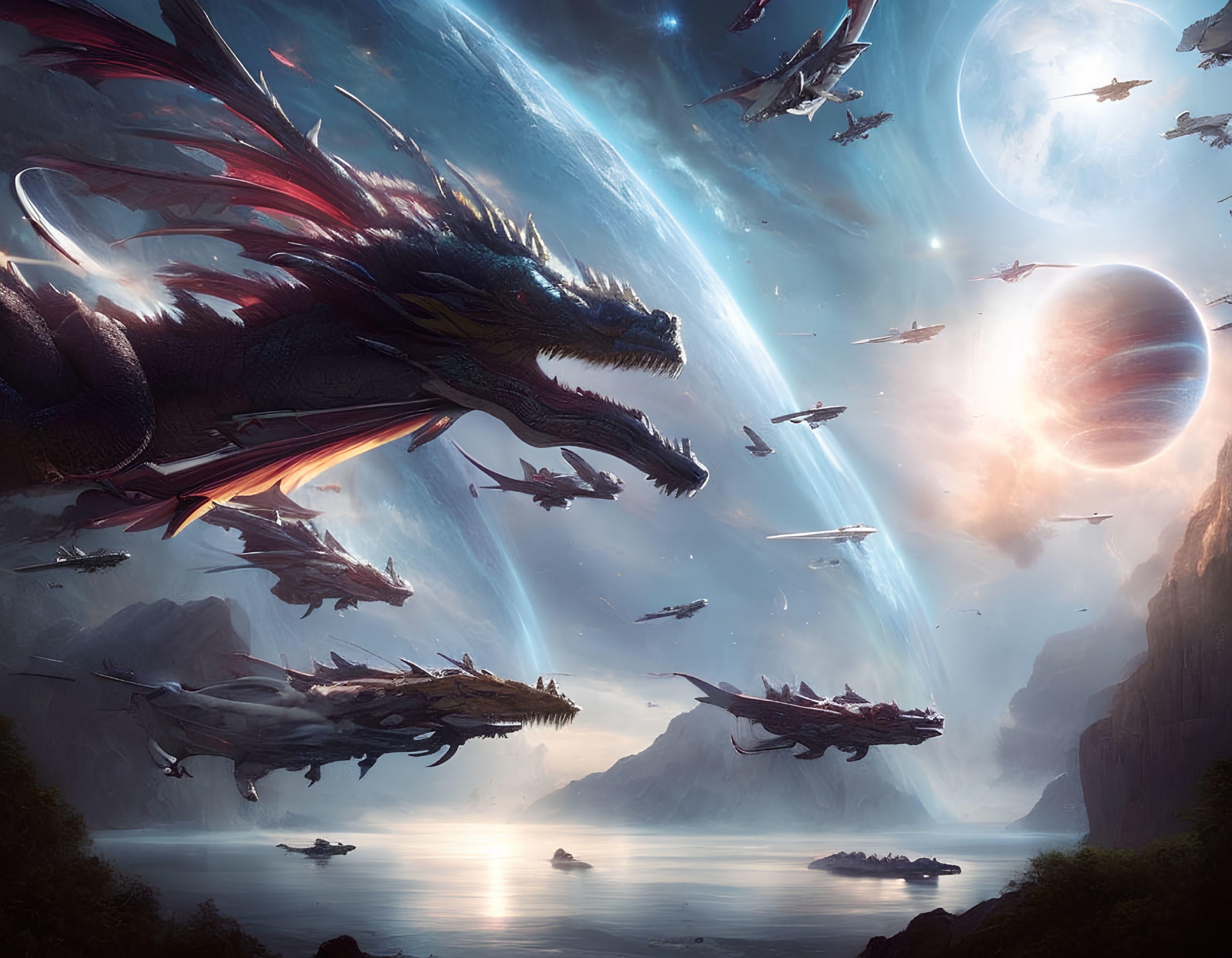 Fantasy scene: Dragons, futuristic ships, serene ocean, dual celestial bodies