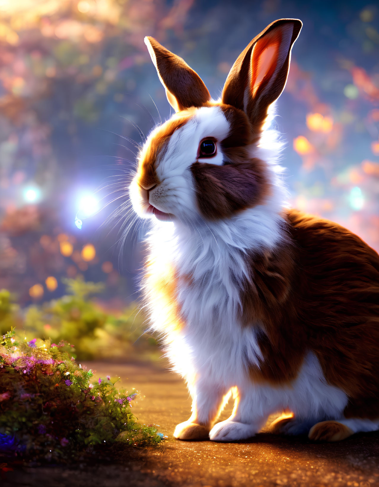 Fluffy brown and white rabbit in colorful flower setting