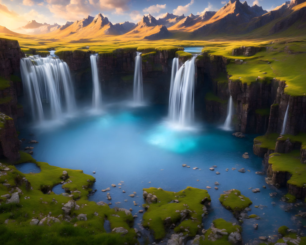 Scenic waterfalls, serene pool, lush grasses, rugged cliffs, sunlit mountains