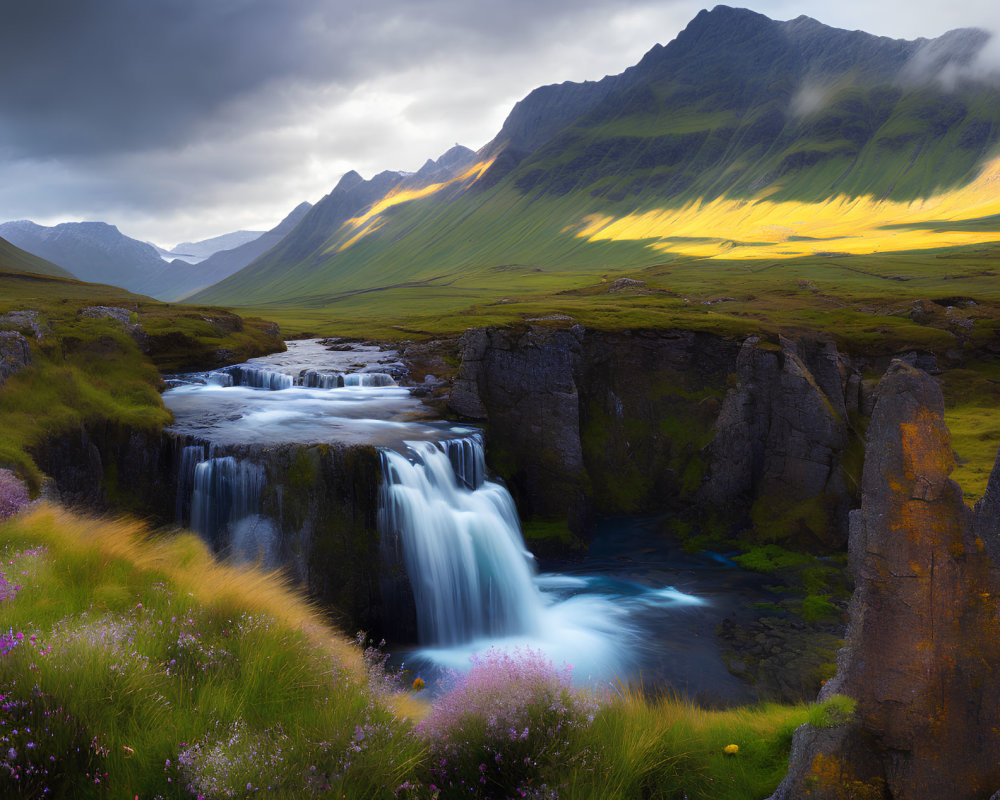 Scenic waterfall in lush landscape with wildflowers and mountains