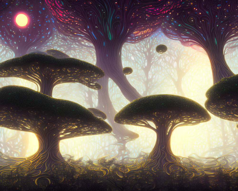 Ethereal forest with oversized mushrooms under twilight sky