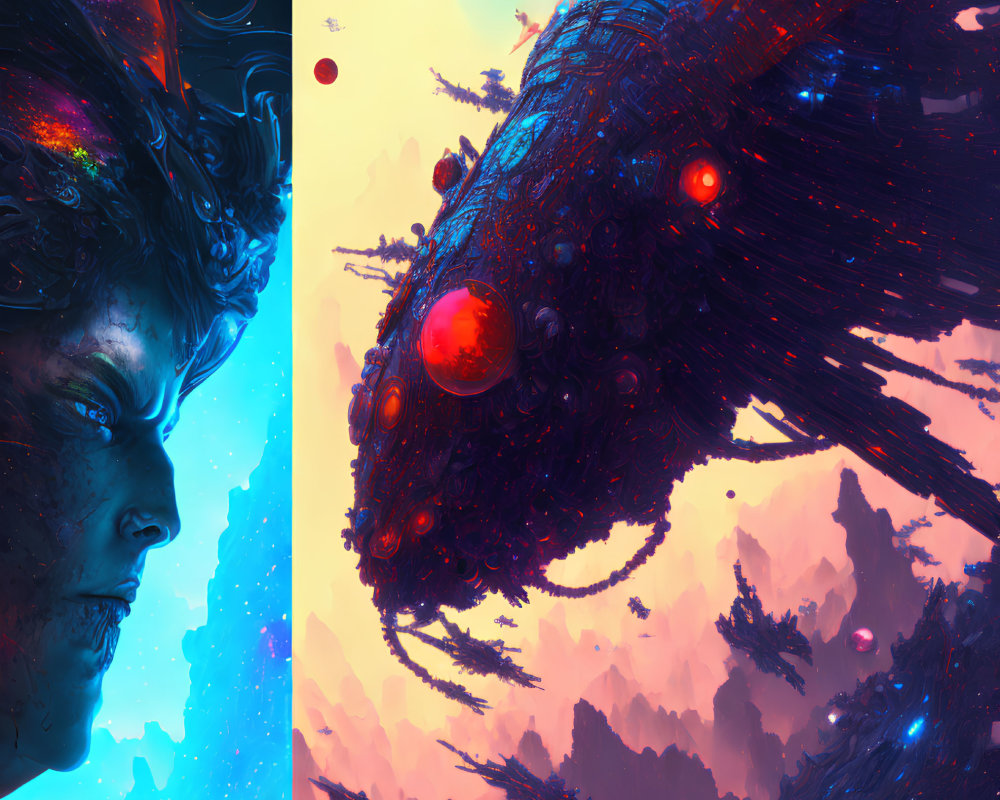 Colorful digital artwork: Human profile and dragon in cosmic landscape