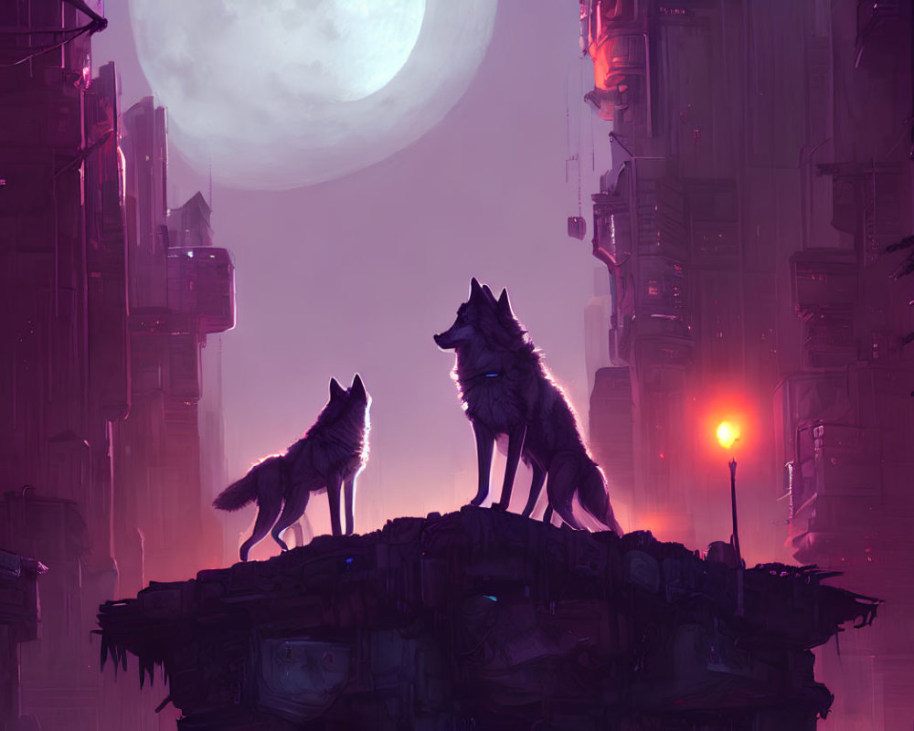 Two wolves on rocky outcrop overlooking futuristic cityscape at night