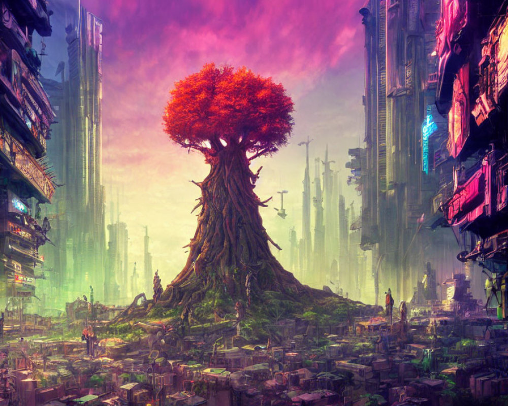 Vibrant tree in futuristic cityscape with skyscrapers and colorful atmosphere