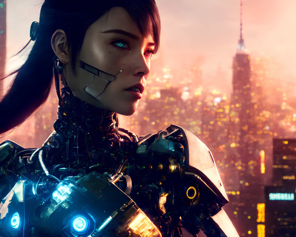 Detailed Female Cyborg Portrait with Glowing Blue Lights in Futuristic Cityscape