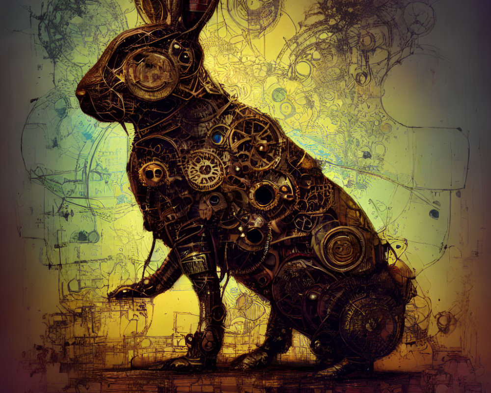 Steampunk-style Rabbit Illustration with Gears and Mechanical Parts