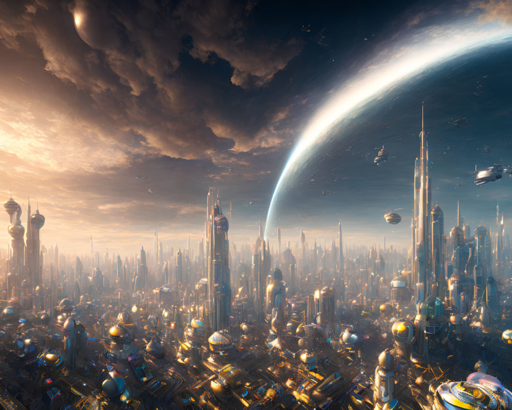 Futuristic cityscape with skyscrapers, airships, and ringed planet at sunset