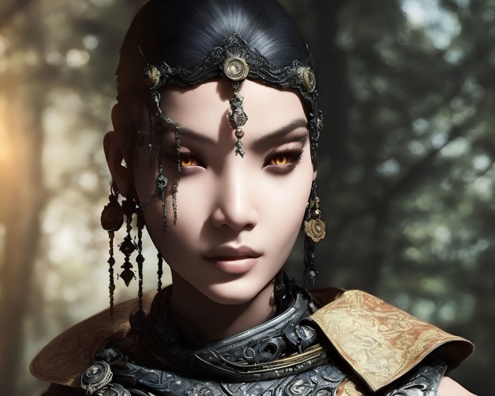 Detailed Armor and Striking Makeup Portrait in Forest Setting