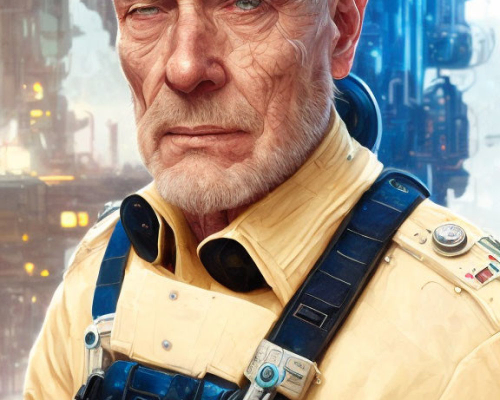 Bald Elderly Male in Futuristic Uniform with Intense Gaze