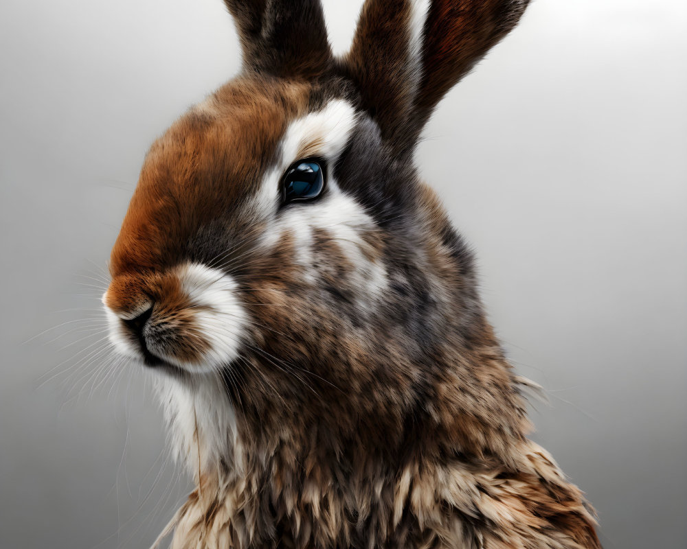 Brown rabbit with soft fur and alert ears on grey background