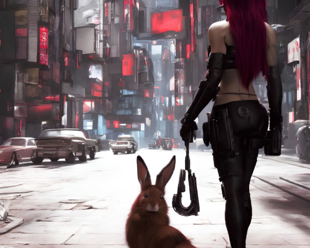 Crimson-haired woman with cybernetic limbs in neon-lit alley with brown rabbit