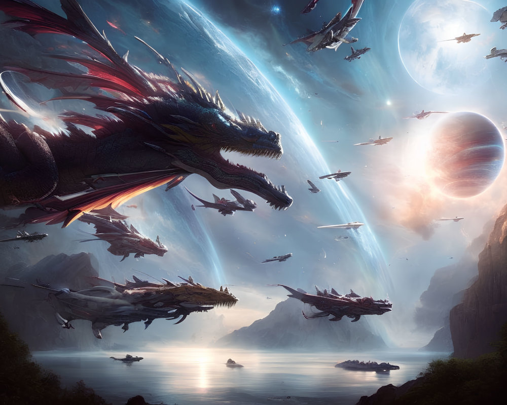 Fantasy scene: Dragons, futuristic ships, serene ocean, dual celestial bodies