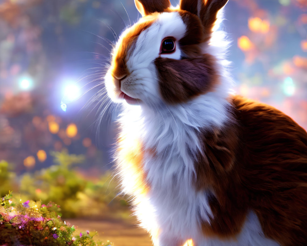 Fluffy brown and white rabbit in colorful flower setting