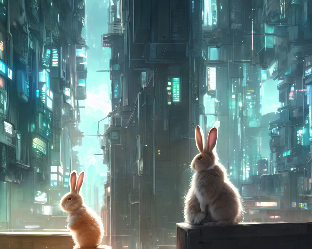 Futuristic cityscape with rabbits under twilight sky