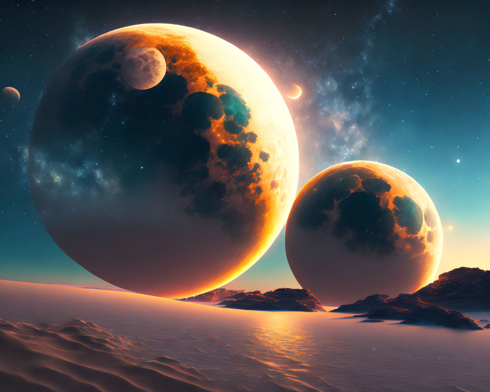 Surreal landscape with celestial bodies in orange sky above desert