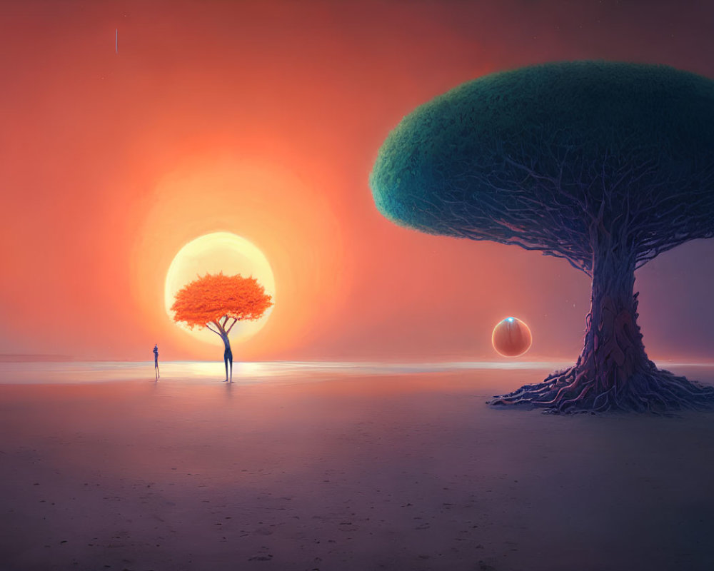 Surreal landscape with unique trees, person, and glowing orb under radiant sun