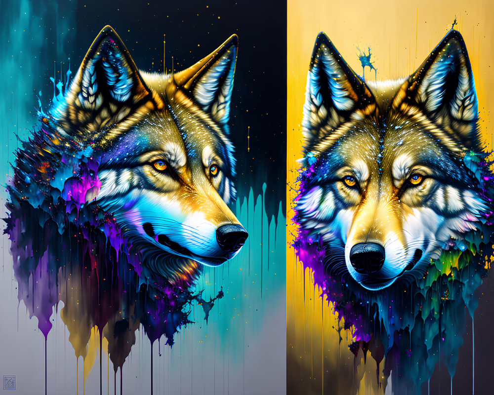 Vibrant colorful digital wolf portraits with abstract paint design