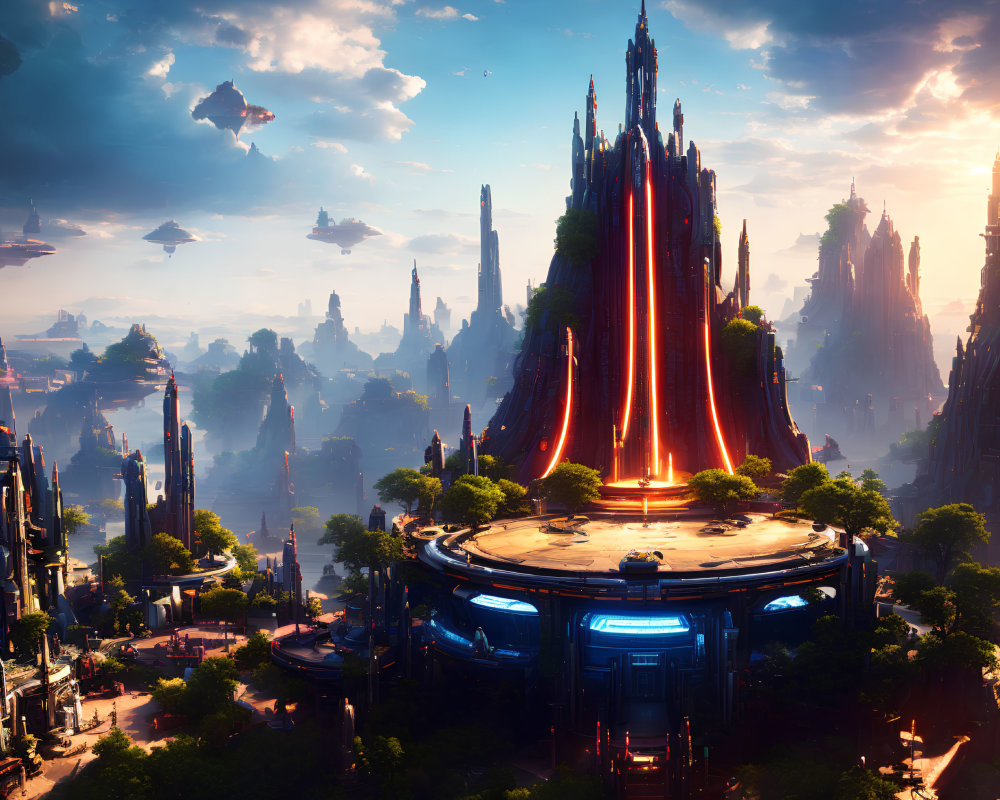 Futuristic cityscape with spires, lava feature, flying vehicles, and lush greenery