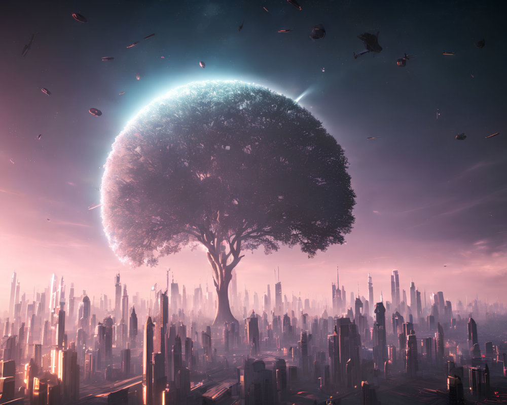 Massive tree in futuristic cityscape under celestial body with floating debris