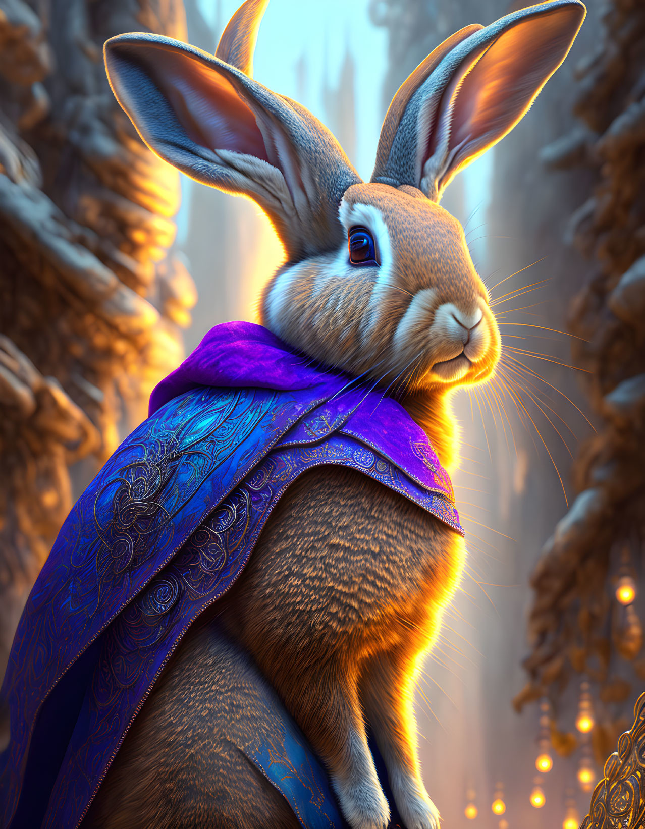 Anthropomorphic rabbit in blue cape in golden forest