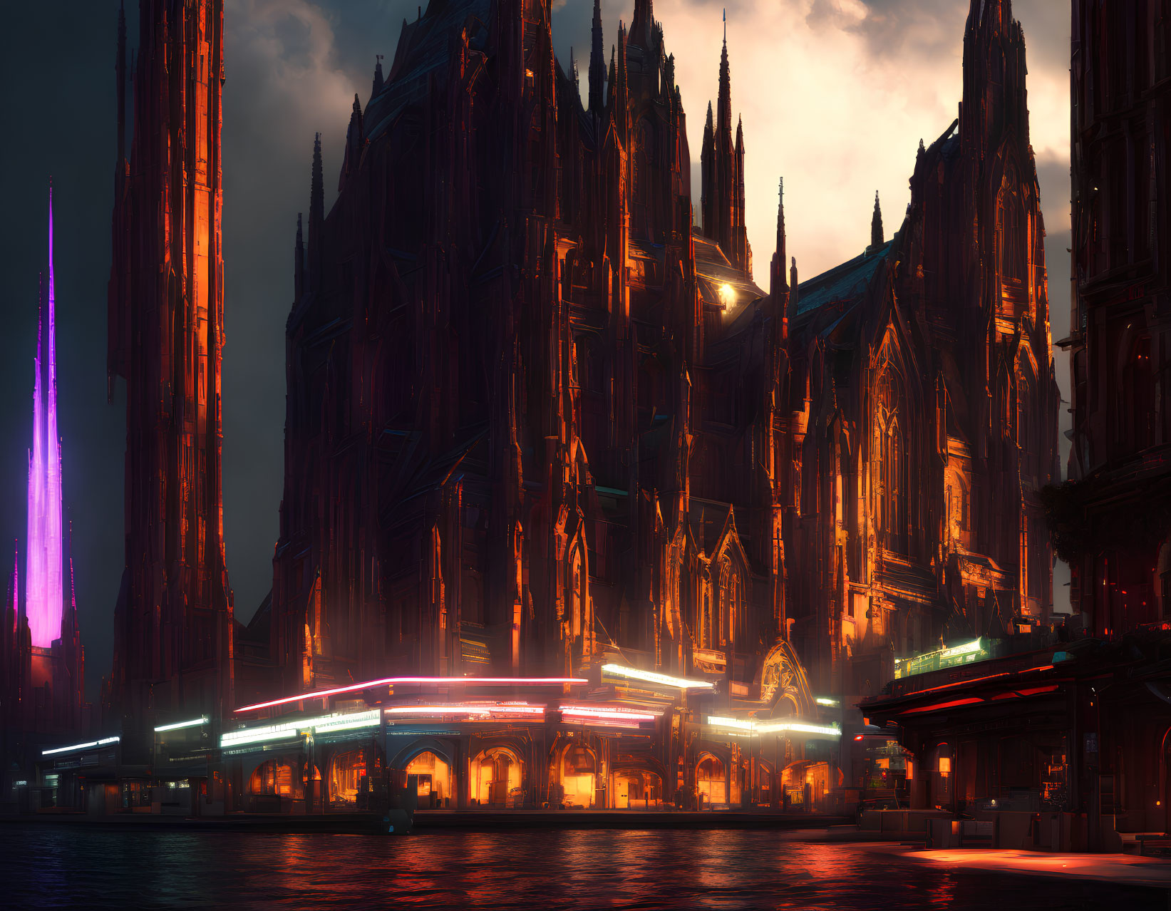 Gothic-inspired futuristic cityscape at dusk with neon lights