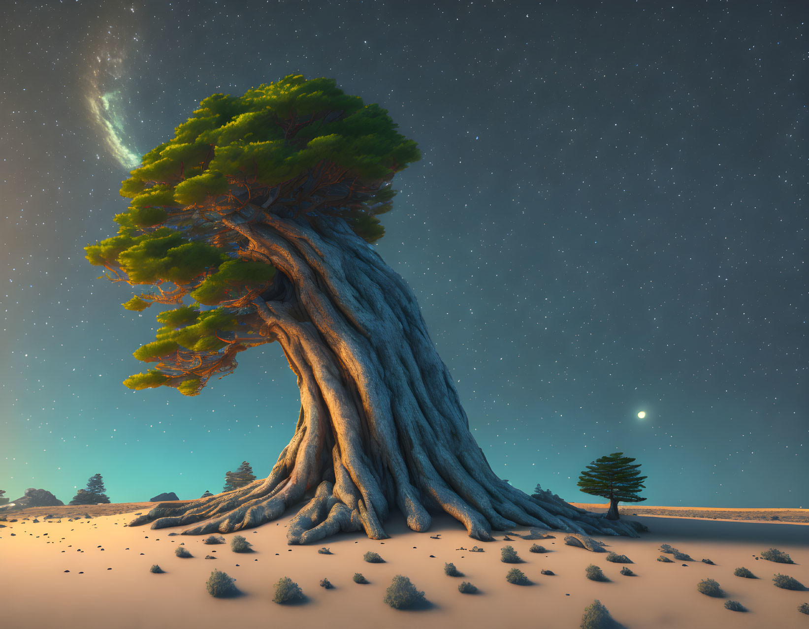 Twisted ancient tree under starry night sky with comet in desert landscape