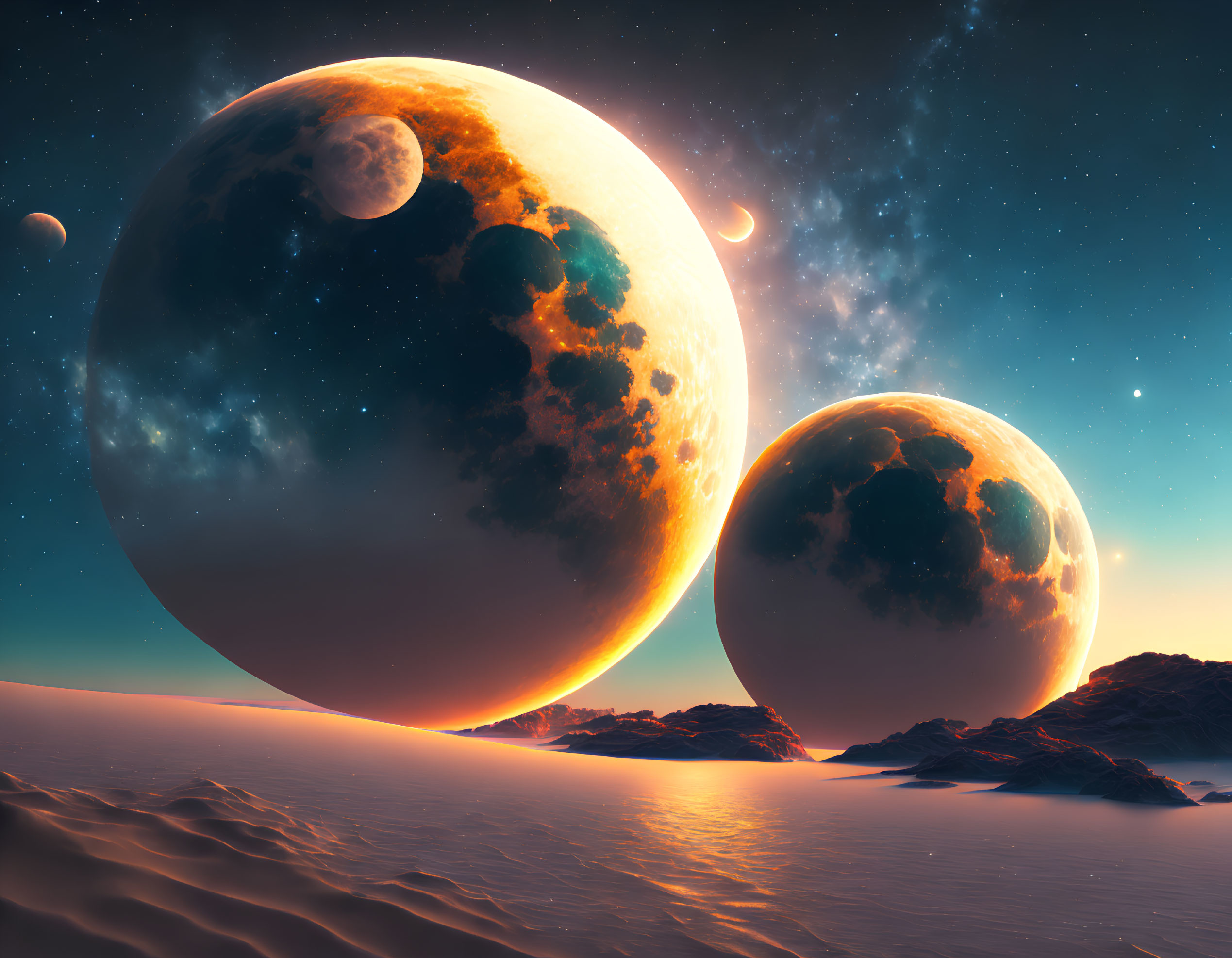 Surreal landscape with celestial bodies in orange sky above desert