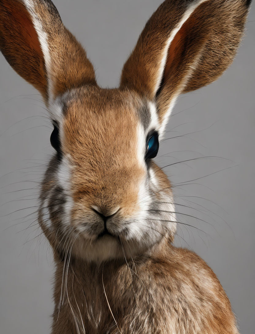 Prominent-Eared Rabbit Gazing at Camera on Gray Background