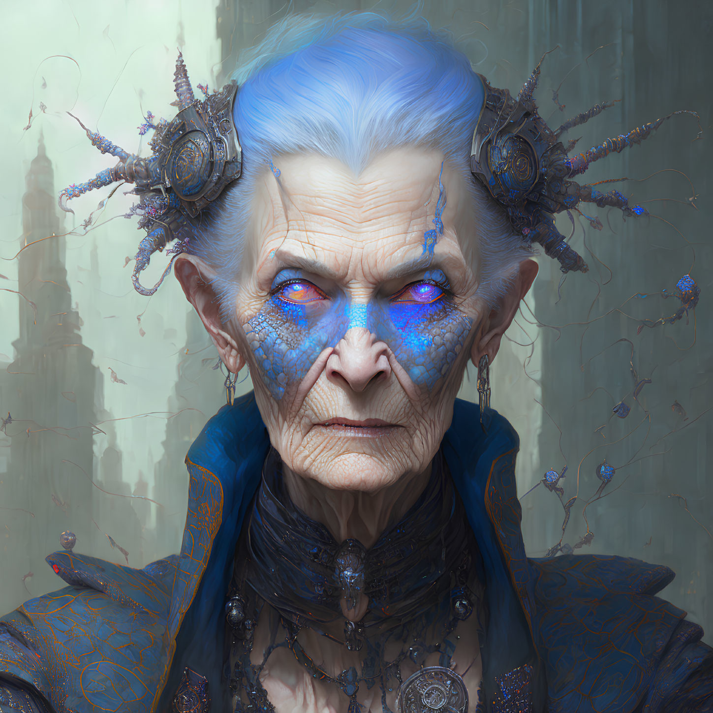 Elderly Woman Digital Portrait: Blue Skin, Intricate Headdress, Piercing Eyes