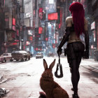 Crimson-haired woman with cybernetic limbs in neon-lit alley with brown rabbit