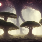 Ethereal forest with oversized mushrooms under twilight sky