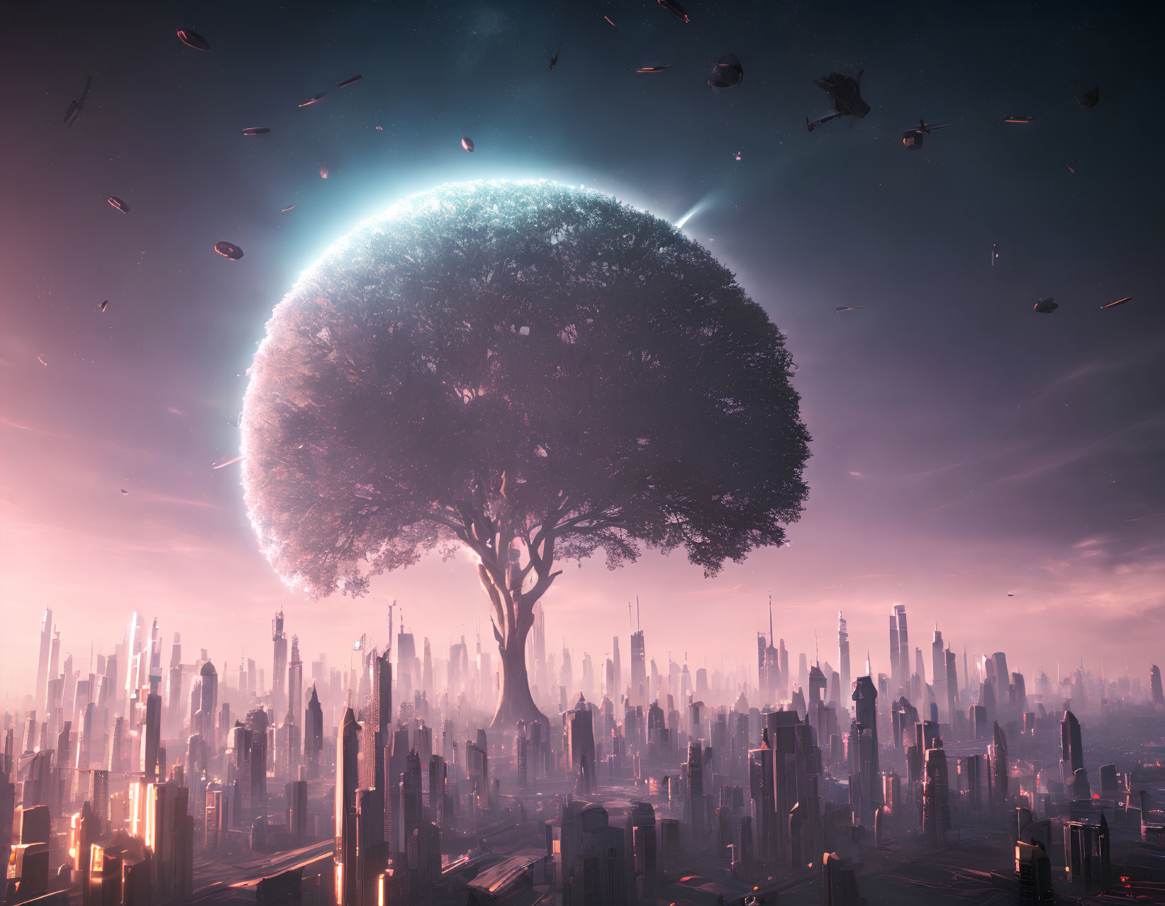 Massive tree in futuristic cityscape under celestial body with floating debris