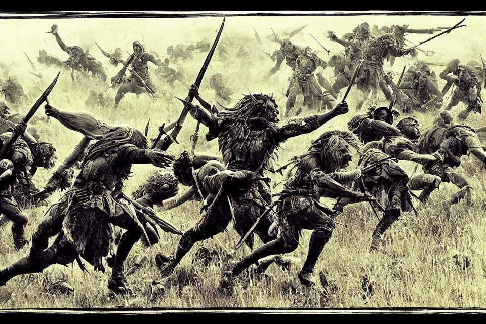 Monochromatic medieval battle scene with charging warriors