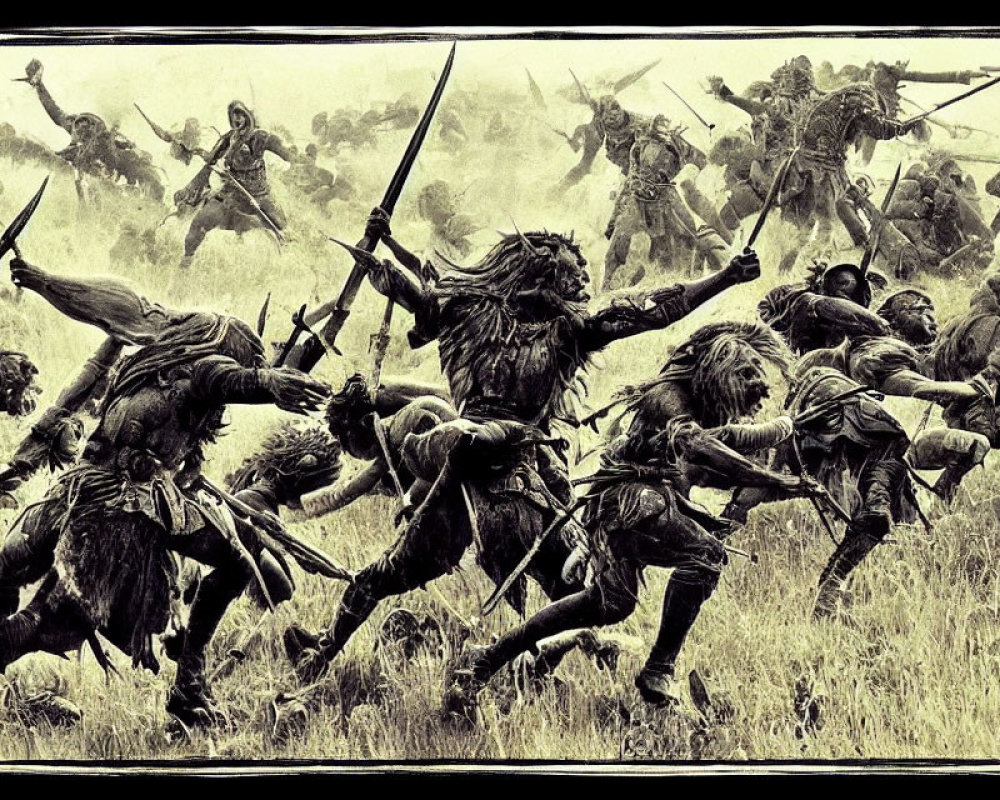 Monochromatic medieval battle scene with charging warriors