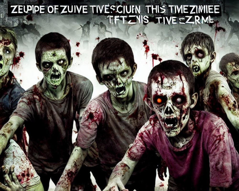 Menacing zombies with gory makeup and glowing red eyes