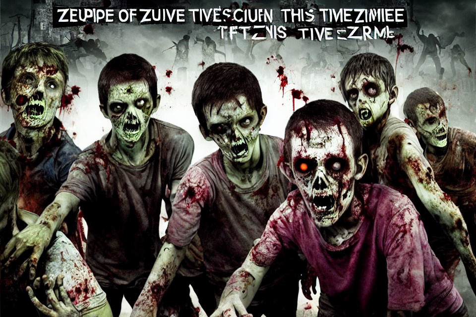 Menacing zombies with gory makeup and glowing red eyes