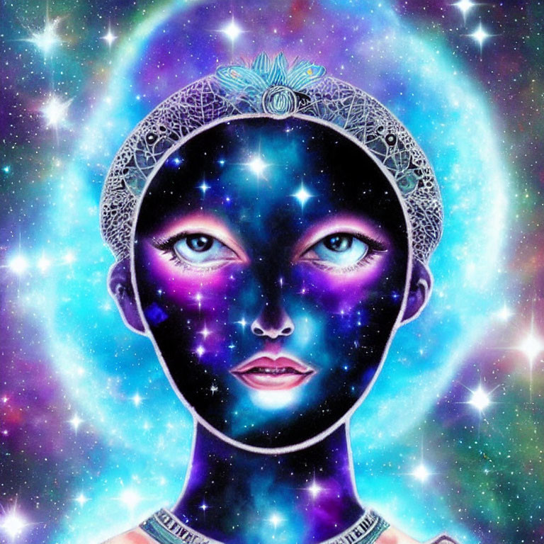 Vibrant cosmic-themed face illustration with stars and galaxies on space backdrop