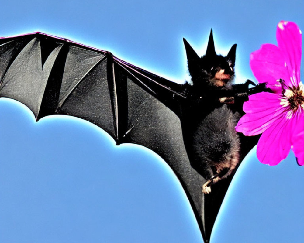 Bat with outstretched wings near pink flower on blue sky background